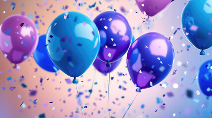 a colorful image of blue and purple balloons floating in the air with confetti, detailed high resolution image