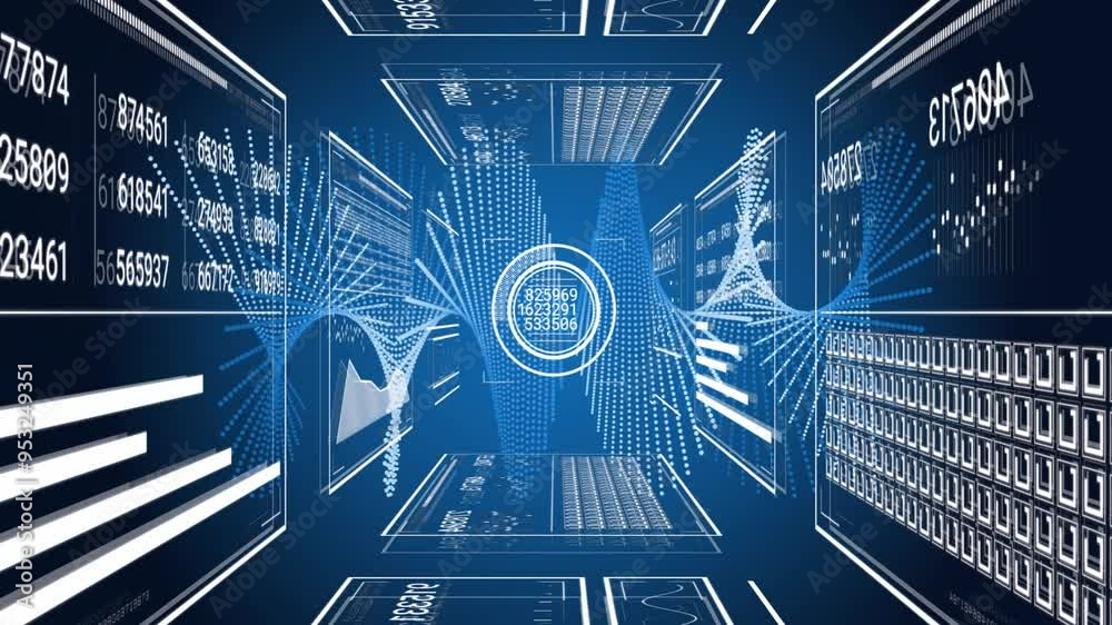 Poster digital data and graphs animation over blue background with futuristic interface