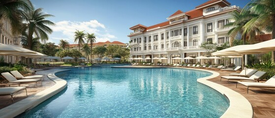 Fototapeta premium Resort Pool with Classic Building and Palm Trees