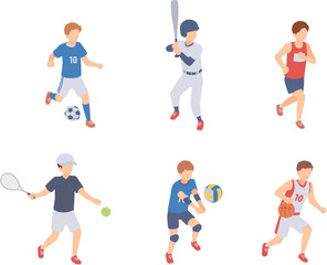 スポーツをする男性のアイソメトリックイラストセット