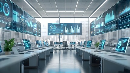 Fototapeta premium Modern Office Interior with Data Analysis Displays