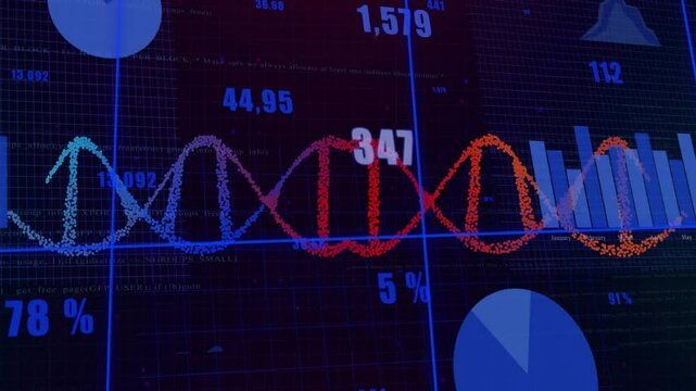 DNA strand and financial data processing animation over graphs and charts - Powered by Adobe
