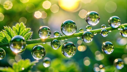 ethereal fragile miniature droplets suspended amidst lush green herbs refracting translucent mineral water hues in soft diffused morning light