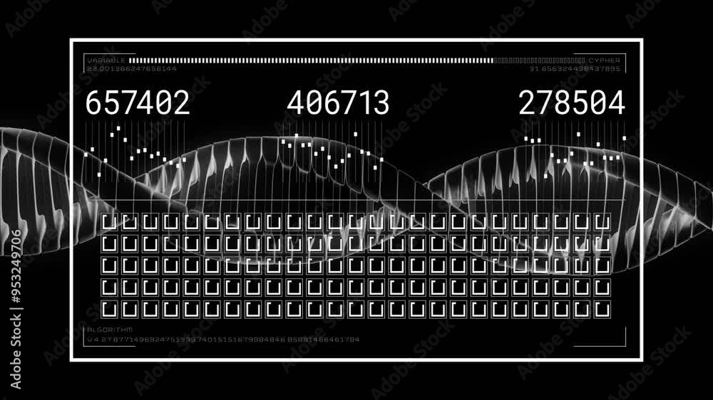 Poster digital data processing animation with numbers and waveforms over black background