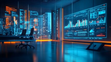 Modern Office Interior with Futuristic Data Displays