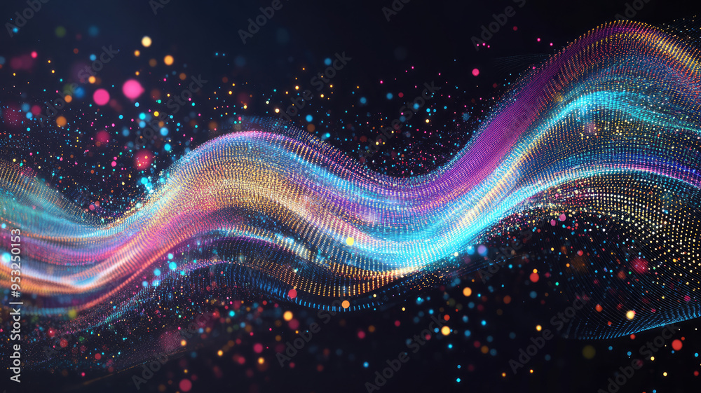 Wall mural big data visualization, very aesthetic flowing lines of colorful dots and stripes forming an abstrac