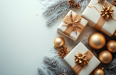 Elegant holiday gifts wrapped in gold and silver on a decorated table during the festive season