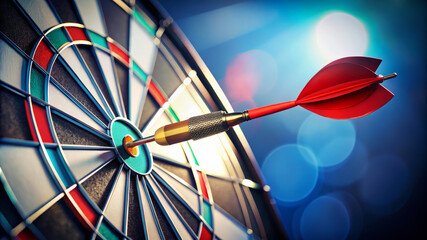 Red Dart Hitting Bullseye On Dartboard. Success, Target, Aim.