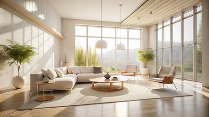 Fototapeta premium ethereal minimalist spaciousness gleaming natural light airy freedom radical simplicity creamy whites neutral textures sleek lines abstract shapes organic curves serene atmosphere