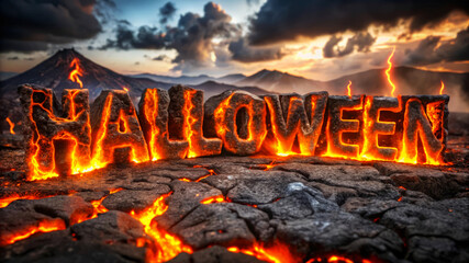 Fiery Halloween Text On Volcanic Landscape