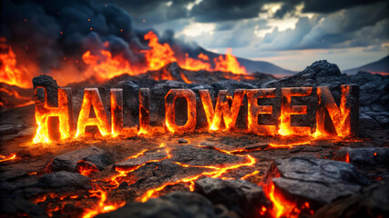 Fiery Halloween Text On Lava Background.
