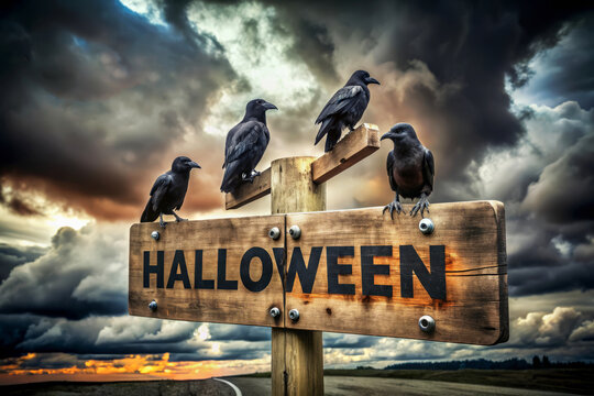 Halloween Sign With Crows On A Cloudy Day.