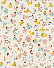 A colorful chicken patterned wallpaper with many different types of chickens. Images and textures tileable, tileable pictures. background