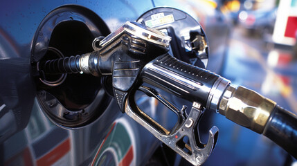 Fototapeta premium Close-up of a fuel nozzle being inserted into a vehicleâs tank, showing the connection and flow of energy.