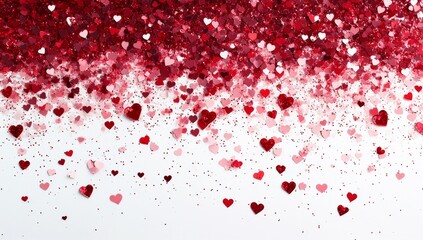 Colorful scattered hearts in shades of red on a white background create a festive atmosphere
