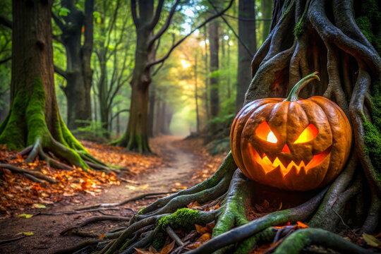 Halloween Pumpkin In Spooky Forest. Jack-O'-Lantern Nestled Among Roots.