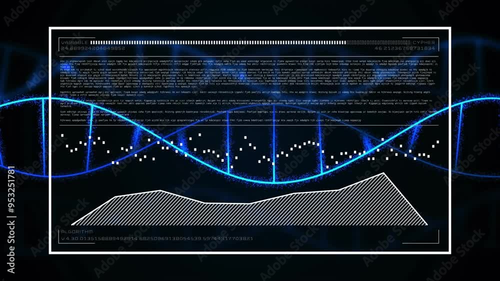 Poster data analysis and algorithm animation over blue wave and text on dark background