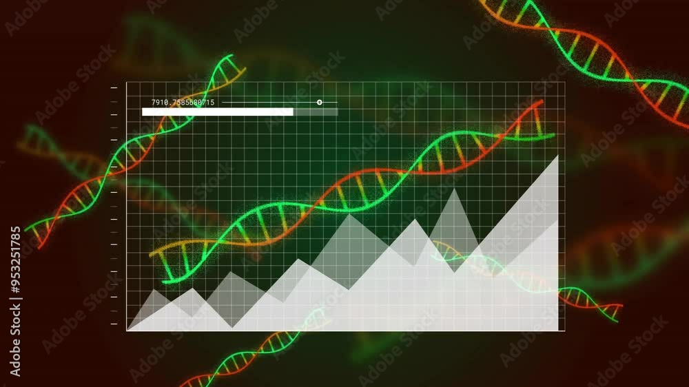 Poster dna strands and data chart animation over grid background