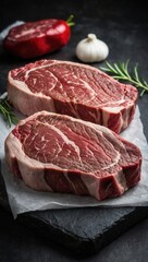 Obraz premium A close up of cuts of meat, steak with herbs and spices on top
