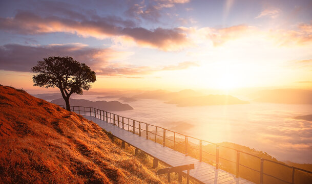 Beautiful landscape sunrise on top view point mountain of Doi pui co Mae hong son province, Thailand