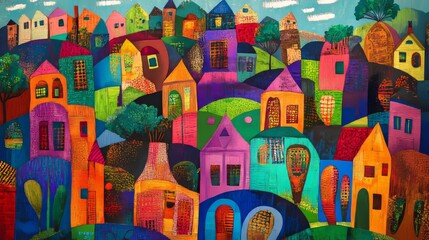 Enchanting Cubism Fusion: Colorful Village in Abstract Folk Art Style