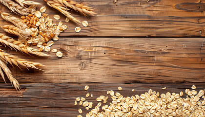 oatmeal flakes, grains and ears of oat on wooden table, top view