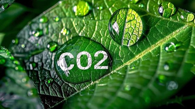 Close-up of a green leaf with water droplets, the word "CO2" inscribed on the surface.