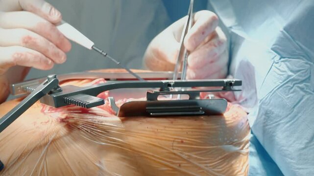 Doctor surges patient heart with laser scalpel closeup. Surgeon operates with forceps and cutter during coronary artery bypass surgery in hospital