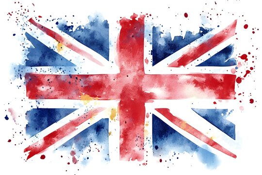 Abstract watercolor painting of the flag of the United Kingdom on a white background
