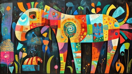 Whimsical UHD Colorful Abstract Cubism Animals with Intricate Folk Art Patterns