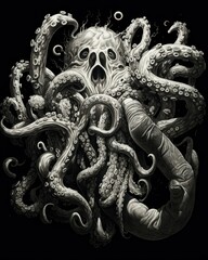 An intricate black-and-white illustration of a monstrous octopus with a skull-like head and numerous tentacles, perfect for use in horror-themed designs, tattoos, or fantasy projects,