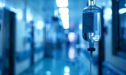 A side perspective view of a biochemical dose infusion, showcasing the process of administering medication intravenously with soft lighting