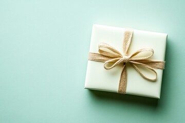 A neatly wrapped gift with a brown ribbon on a light green background, ideal for celebrating occasions like birthdays, anniversaries, or holidays,