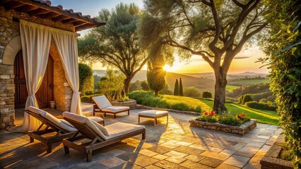 Obraz premium golden hour relaxation serene rusticated stone patio warm beige sun-kissed Italian loungers amidst lush greenery fluttering white curtains ancient olive trees Tuscan villa ambiance