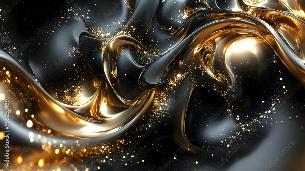 Canvas Prints Abstract swirling gold and black liquid with glitter.