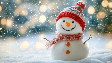 Winter holiday christmas background banner - Closeup of cute funny laughing snowman with wool hat and scarf, on snowy snow snowscape with bokeh lights