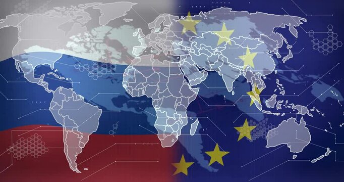 World map with Russia and European Union flags animation