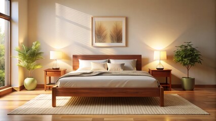 Fototapeta premium Luminous dawn breaking soft focus silhouettes modern minimalist cherry wood queen size bed frame against creamy walls calm serene ambiance inviting relaxation.