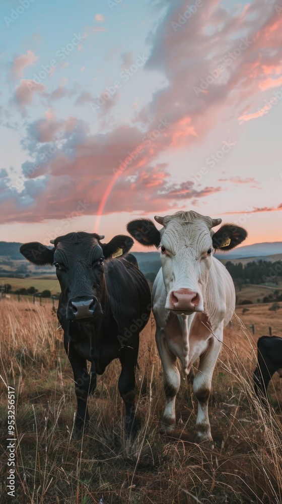 Aufkleber two cows standing in a field with a rainbow in the sky