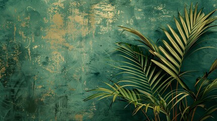 Fototapeta premium Green Palm Leaves Against a Green and Gold Wall