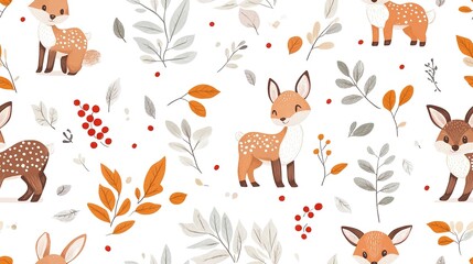 Adorable seamless pattern featuring deer, foxes, and bunnies surrounded by leaves and berries. Perfect for children's decor and textiles. -