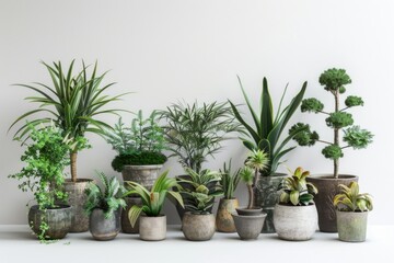 Fototapeta premium A row of potted plants sit on a clean white surface