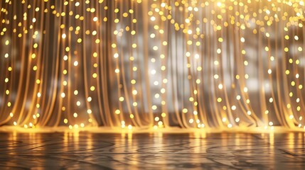 Abstract background of golden bokeh lights with blurred curtain and reflective floor.