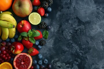 Fresh Fruit and Berries on a Dark Background