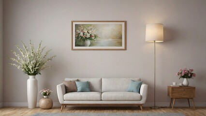 A modern living room with matching furniture theme set and decorative items 3d illustration. An empty wall and art frame mock-up template on the wall.