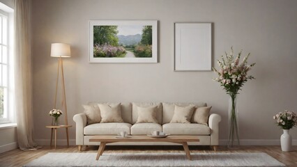 A modern living room with matching furniture theme set and decorative items 3d illustration. An empty wall and art frame mock-up template on the wall.