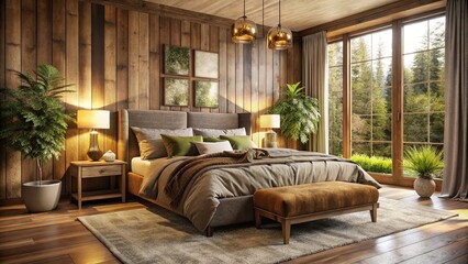 Fototapeta premium Lush bedroom ambiance featuring rustic wood tones, velvety soft bedding, and golden accents, capturing serene tranquility, morning sunlight, and tactile textures.