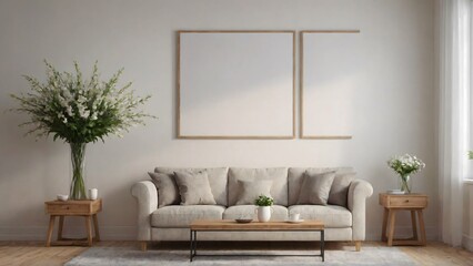 A modern living room with matching furniture theme set and decorative items 3d illustration. An empty wall and art frame mock-up template on the wall.
