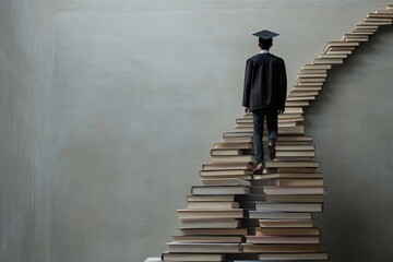 Graduate Ascends a Staircase of Books Symbolizing Educational Success and Lifelong Learning