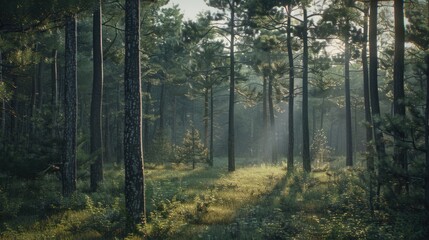 Fototapeta premium A serene forest scene with sunlight shining through the treetops, perfect for use in nature-inspired designs or backgrounds